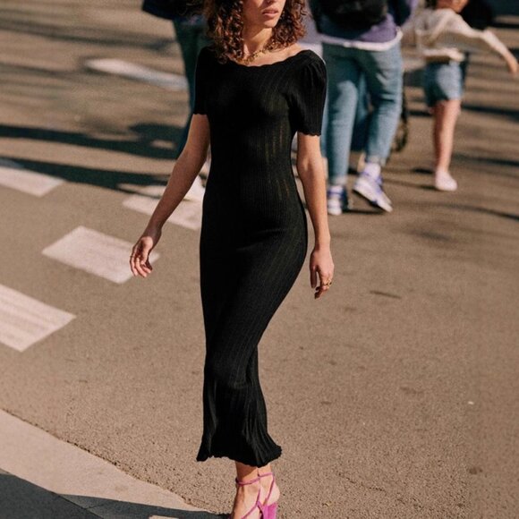 BEST Sezane Joey Midi Dress Small Black Noir French Knit Classic Low Back - Picture 3 of 10